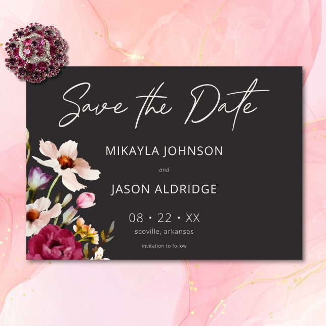Save The Date Moderne Elégant été prairie floral noir Mariage (Modern Elegant Summer Meadow Floral Black Wedding Save The Date)