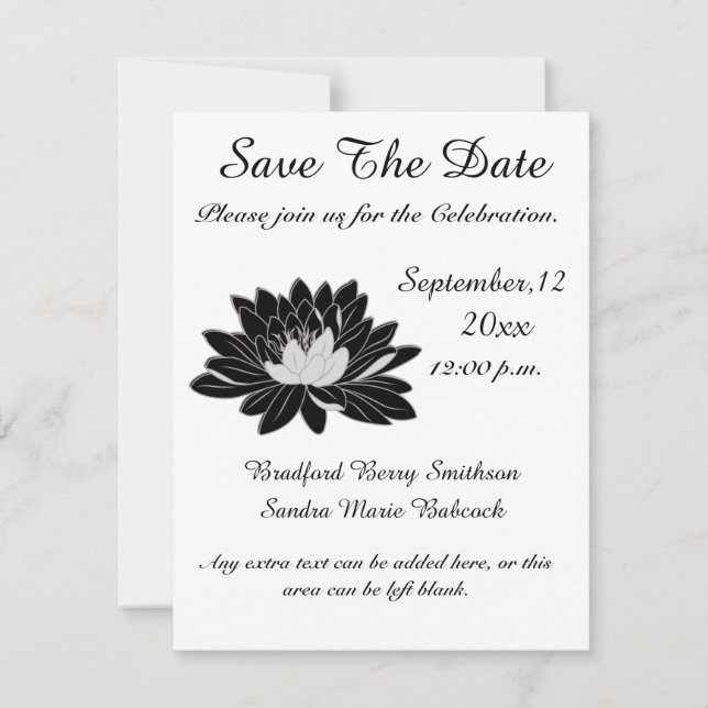 Save The Date Moderne Elégant, noir blanc Nénuphar Floral (Devant)