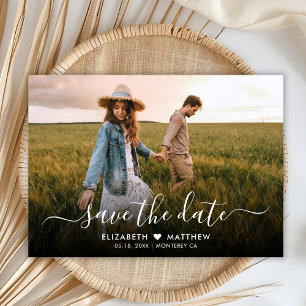Save The Date Moderne élégant Script Heart One Photo Mariage