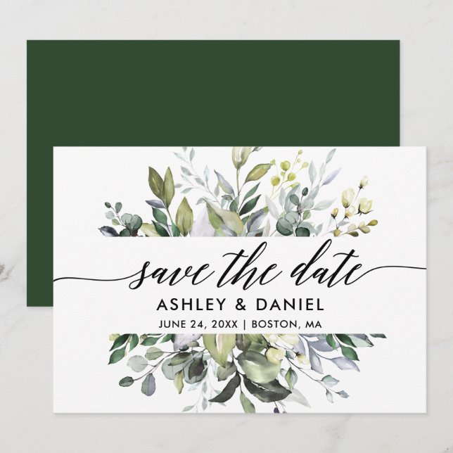 Save The Date Moderne Élégante calligraphie Aquarelle Verdure (Devant / Derrière)