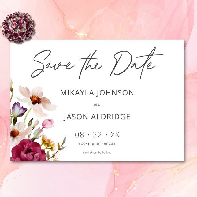Save The Date Moderne Elégante prairie Meadow Floral Blanc Maria (Modern Elegant Summer Meadow Floral White Wedding Save The Date)