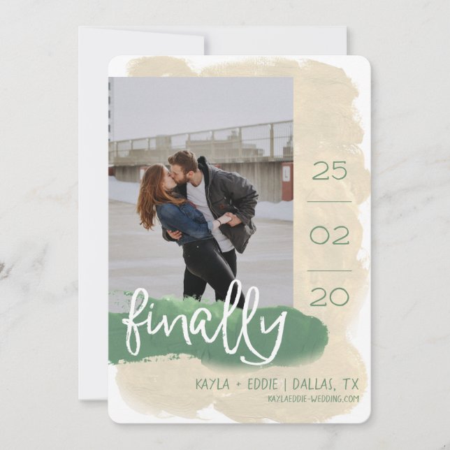 Save The Date Moderne Enfin Aquarelle Photo Brun Vert (Devant)