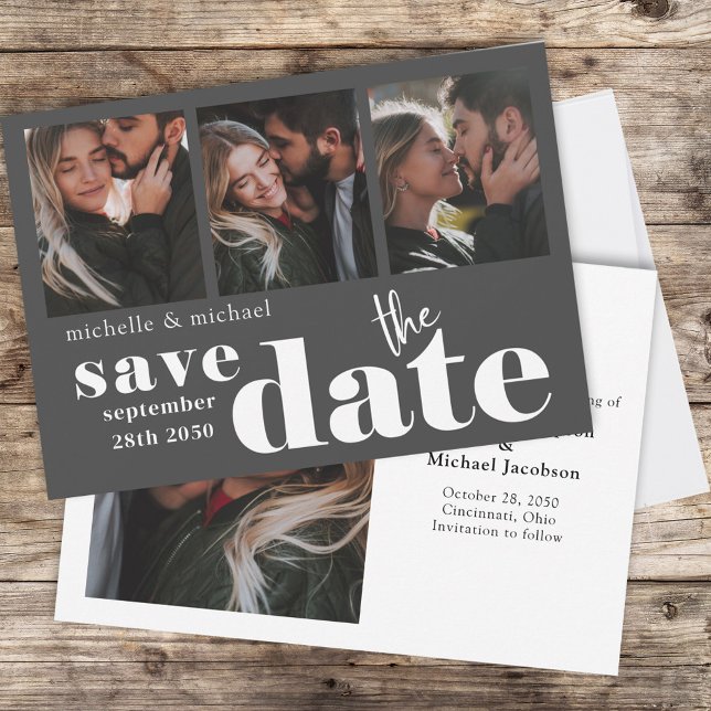 Save The Date Moderne Enregistrer la date Multi Photo (Double-sided four photo layout wedding save the date template)