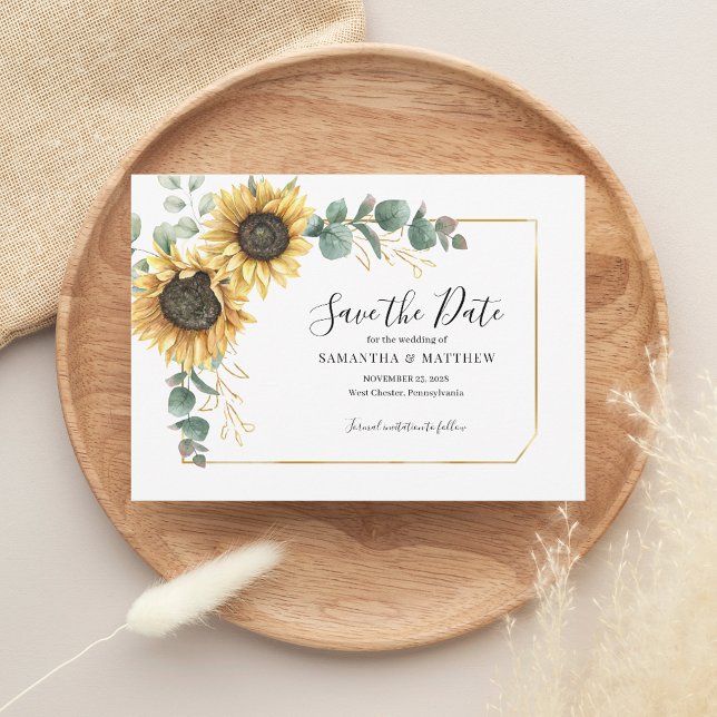 Save The Date Moderne Eucalyptus tournesol floral géométrique (Sunflower Floral Eucalyptus Wedding Save the Date Morgana Script)