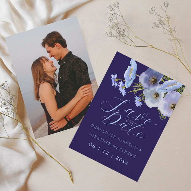 Save The Date Moderne Fleurs de Printemps Floral Bleu Marine Mar (Modern photo wildflower bouquet watercolor blue floral navy blue wedding save the date invitation)