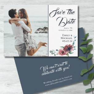 Save The Date Moderne Floral Bourgogne Marine Blush Enregistrer 