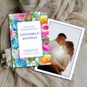 Save The Date Moderne Floral Élégant Couleurs Vives Photo Mariag