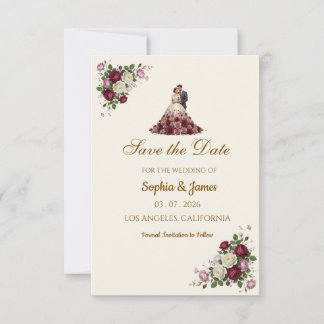 Save The Date Moderne Floral Illustré Bourguignon Photo Enregist