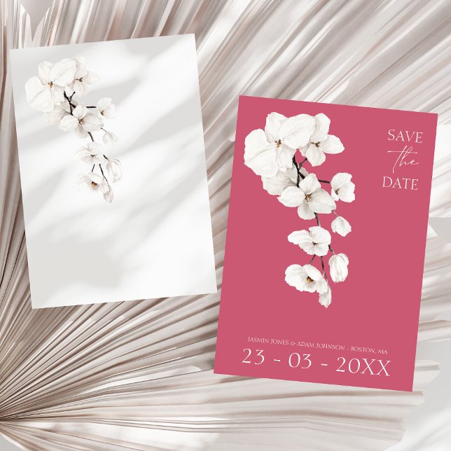Save The Date Moderne Floral Orchidée Blanc Rose Magenta (Modern Magenta Pink White Orchids Flowers Wedding Save The Date)