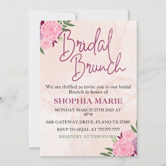 Save The Date Moderne floral rose poudré aquarelle brunch de mar (Devant)