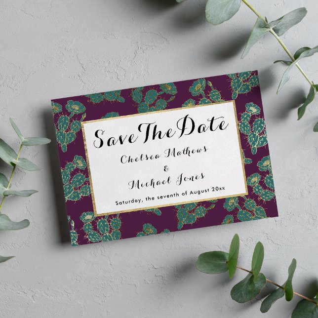Save The Date Moderne forêt vert Bourgogne or cactus floral (Modern forest green burgundy gold cactus floral save the date )