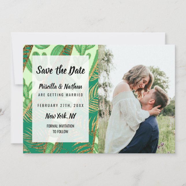 Save The Date Moderne Gold Green Cactus Palm Leaf géométrique (Devant)