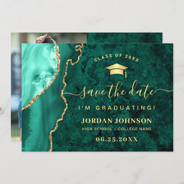 Save The Date Moderne Golden Emerald Marble Graduation QR code (Devant / Derrière)
