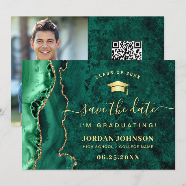 Save The Date Moderne Golden Emerald Marble Graduation QR code (Devant / Derrière)