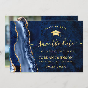 Save The Date Moderne Golden Navy Blue Marble Graduation QR code
