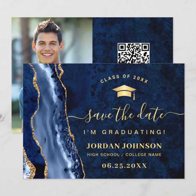 Save The Date Moderne Golden Navy Blue Marble Graduation QR code (Devant / Derrière)