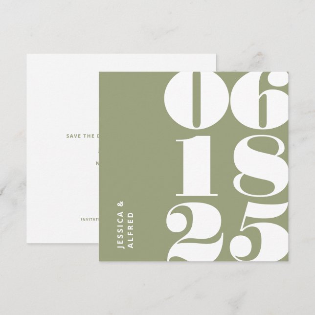Save The Date Moderne Gras Sage Vert Grand Date Mariage (Devant / Derrière)