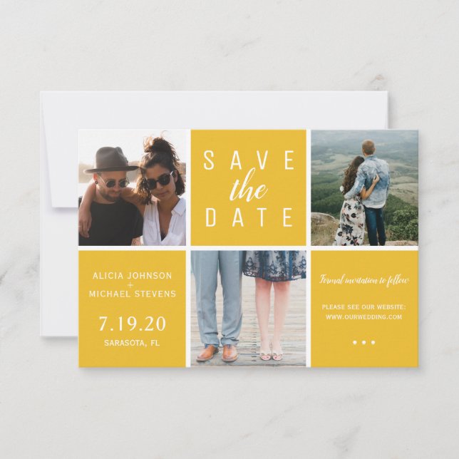 Save The Date Moderne jaune simple 3 photo collage mariage (Devant)
