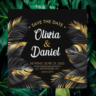 Save The Date Moderne Luxe Chic Noir et Or Palmier Tropical 