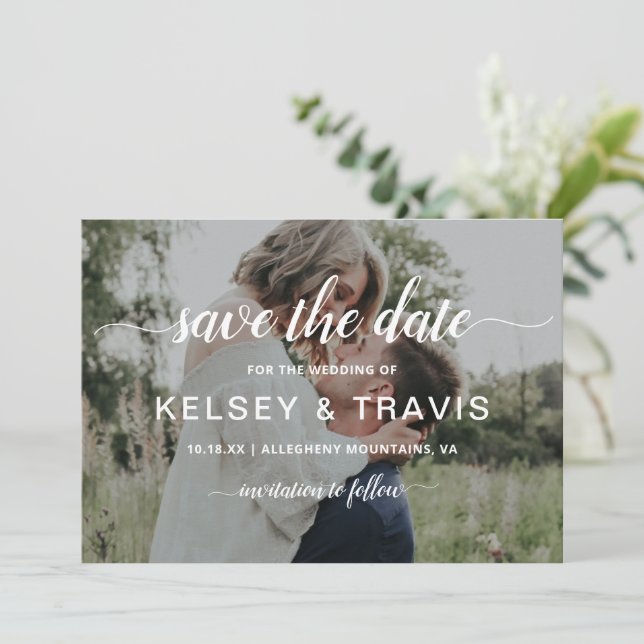 Save The Date Moderne Mariage Élégant Photo Script Simple (Debout devant)