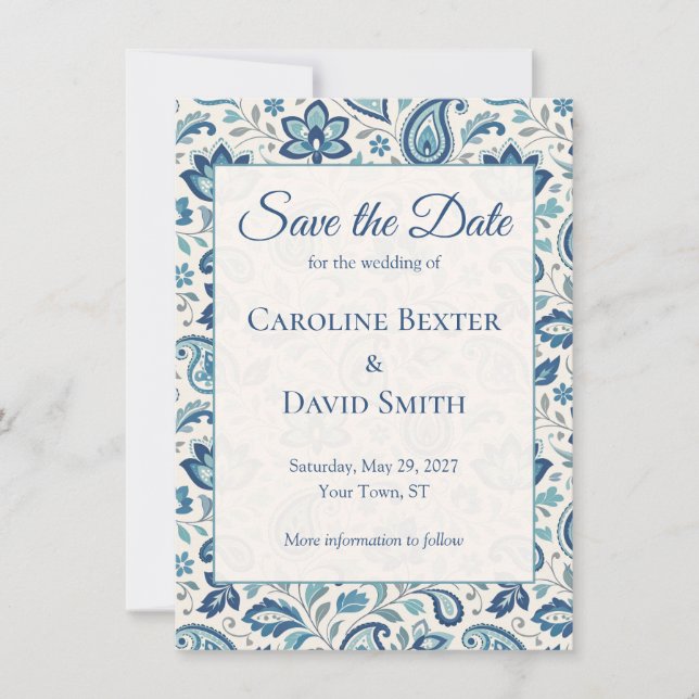 Save The Date Moderne mariage floral paisley bleu vert (Devant)