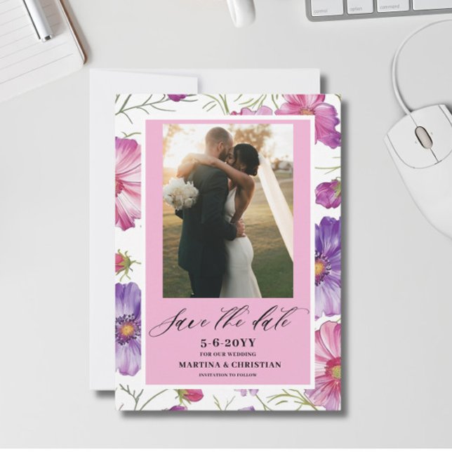 Save The Date Moderne Mariage Photo Script Fleur Rose Violet (Créateur téléchargé)
