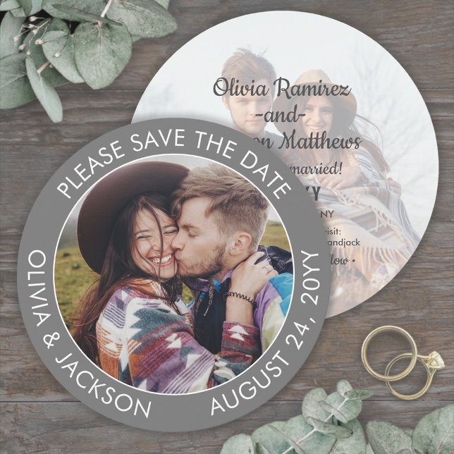 Save The Date Moderne Mariage Rond Unique Gris et Blanc 2 Photos (Créateur téléchargé)
