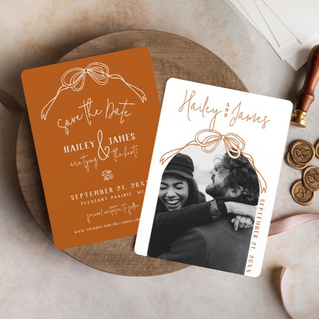 Save The Date Moderne mariée boho dessinée à la main en arc TERR (Rustic boho terracotta burnt orange hand drawn bow modern arch photo classy wedding save the date)