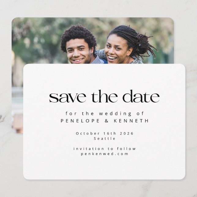 Save The Date Moderne minimaliste blanc Mariage photo simple (Devant / Derrière)