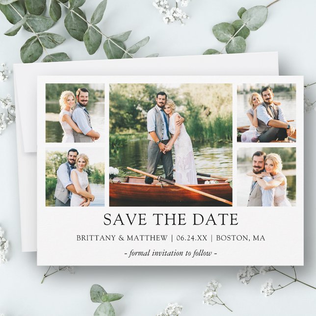 Save The Date Moderne minimaliste simple 5 photo (Customize to change text size, style or to add more text & photos to back of card.)