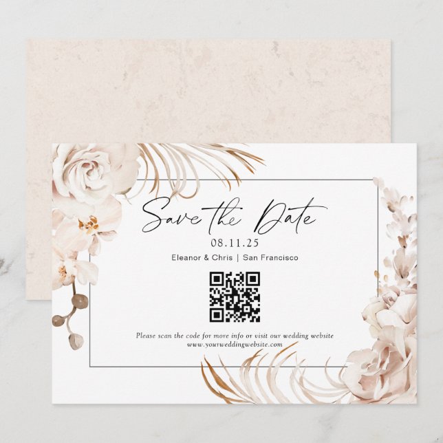 Save The Date Moderne Neutre couleur floral code QR enregistrer  (Devant / Derrière)