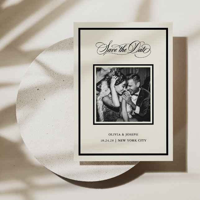 Save The Date Moderne Noir et Crème | Calligraphie et Photo (Créateur téléchargé)