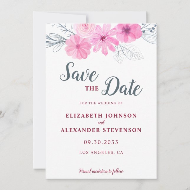Save The Date Moderne rose gris aquarelle fleurs printemps maria (Devant)