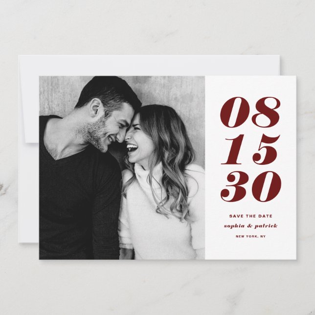 Save The Date Moderne Rouge et Blanc Téméraire Date Typographie (Devant)