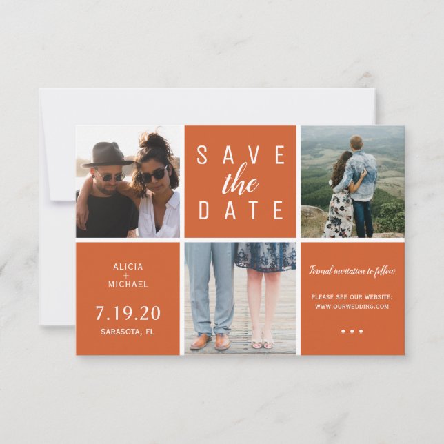 Save The Date Moderne rouille orange simple 3 photo collage mari (Devant)