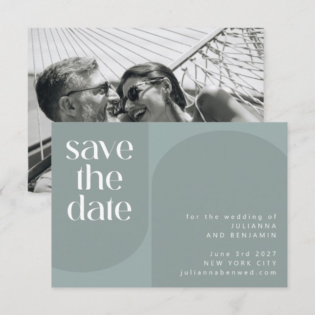 Save The Date Moderne Sage Turquoise Vert Géométrique Chic Maria (Devant / Derrière)