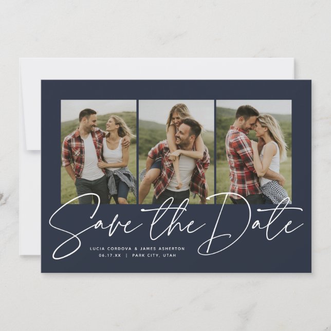 Save The Date Moderne script trois photo bleu marine élégant (Devant)
