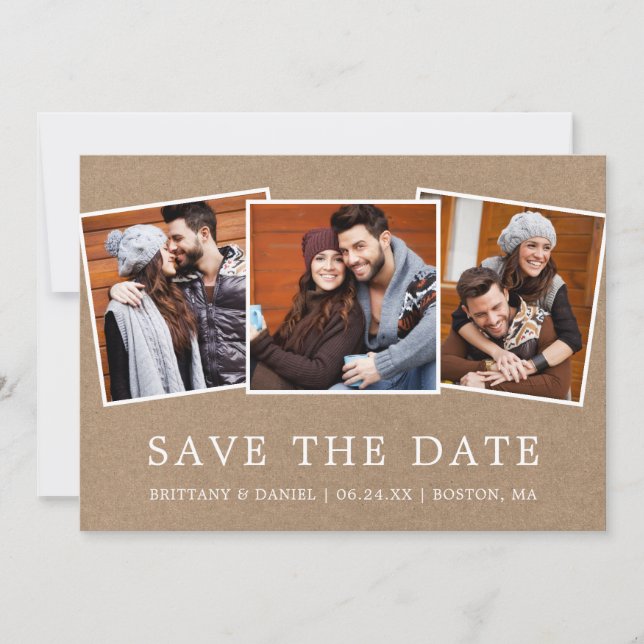 Save The Date Moderne Simple 3 Photo Enregistrer La Date Kraft (Devant)