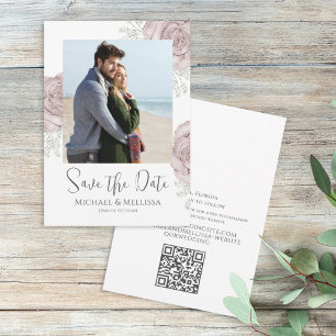 Save The Date Moderne Simple Chic Dusty Blue Floral Photo QR Cod