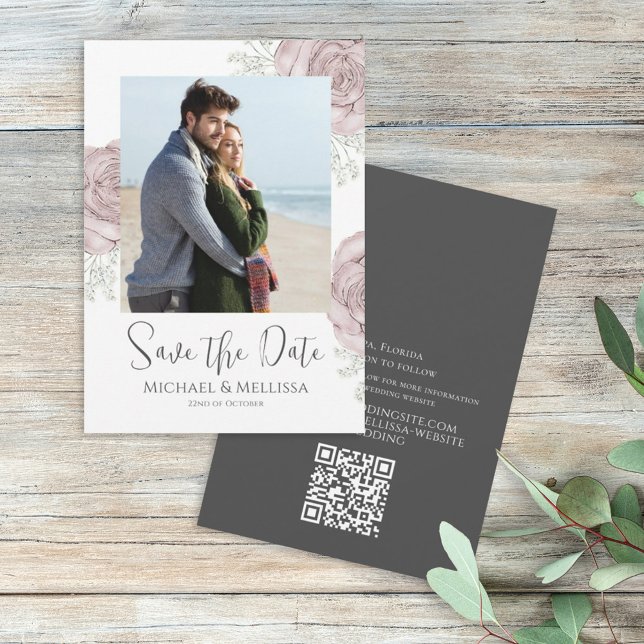 Save The Date Moderne Simple Chic Dusty Rose Floral Photo QR Cod (Créateur téléchargé)