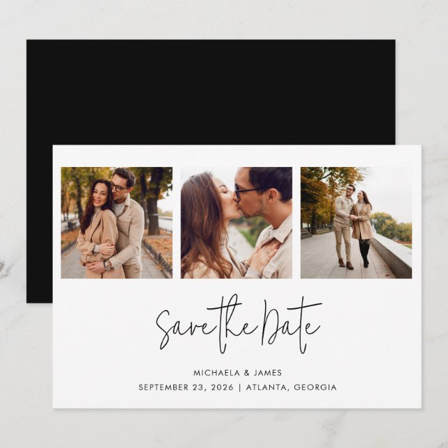 Save The Date Moderne Simple Noir Blanc Script 3 Mariage photo (Devant / Derrière)