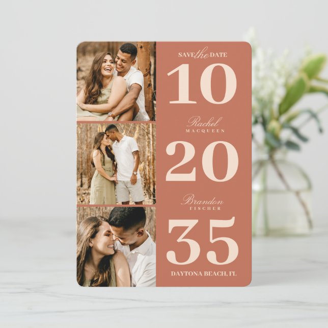 Save The Date Moderne Simple Terracotta Date Trois Mariage Photo (Debout devant)