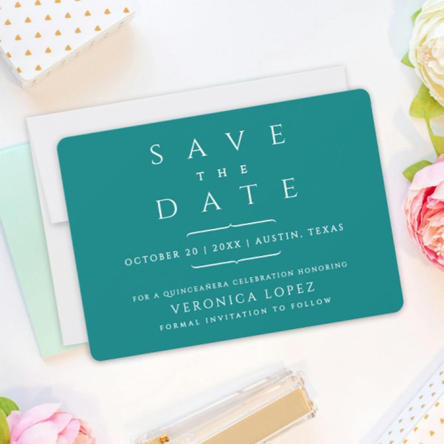 Save The Date Moderne tendance minimal Turquoise Mis Quince Años (Créateur téléchargé)