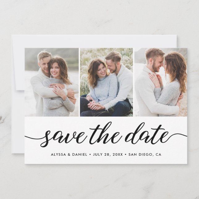 Save The Date Moderne Unique 3 Photos Mariage Script moderne (Devant)