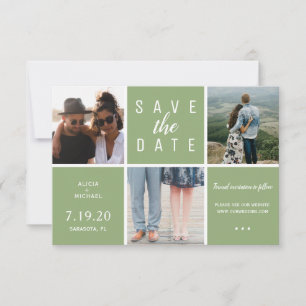 Save The Date Moderne vert simple 3 photo collage mariage