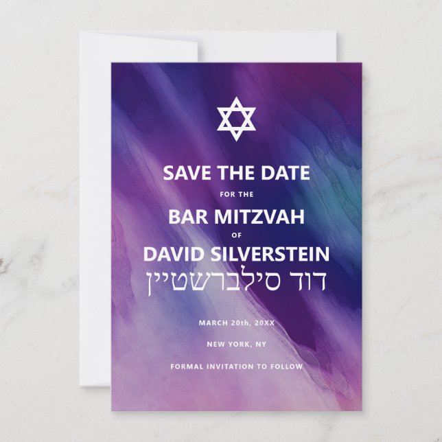 Save The Date Moderne violet bleu étoile David Bar Mitzvah hébre (Devant)