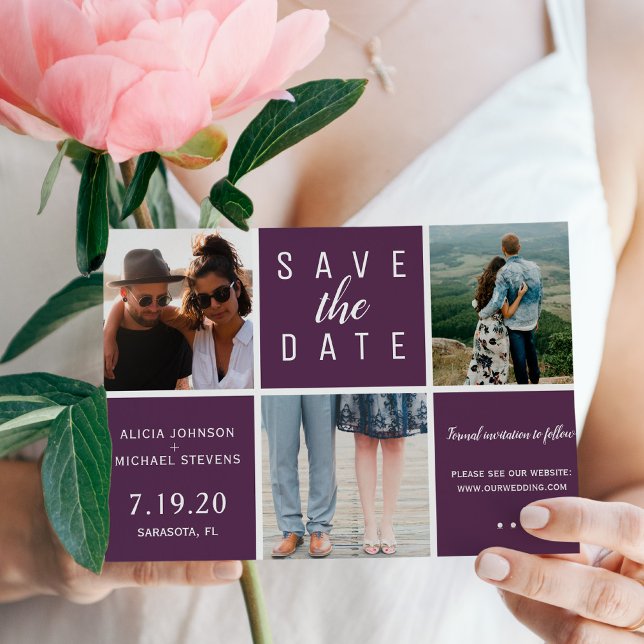 Save The Date Moderne violet simple 3 photo collage mariage (Créateur téléchargé)