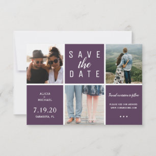 Save The Date Moderne violet simple 3 photo collage mariage
