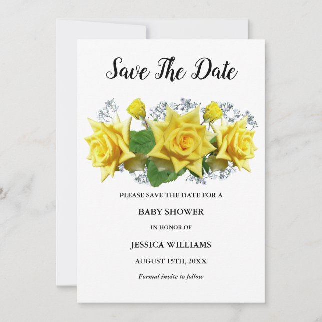 Save The Date "Mon bébé" Roses Jaunes Baby shower Floral (Devant)