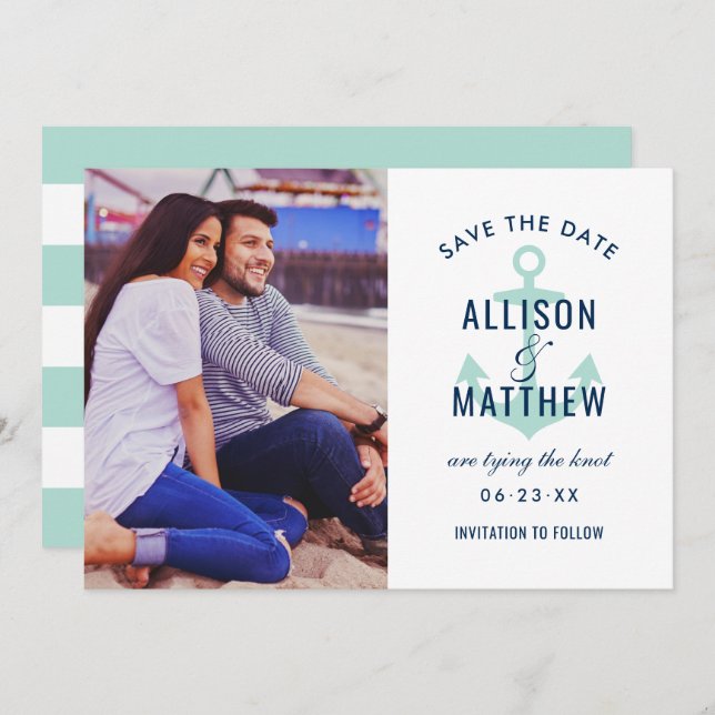 Save The Date Monnaie marine verte Ancre Mariage photo (Devant / Derrière)